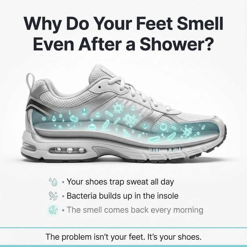 Infographic showing how bacteria builds up inside shoes causing shoe odor over time