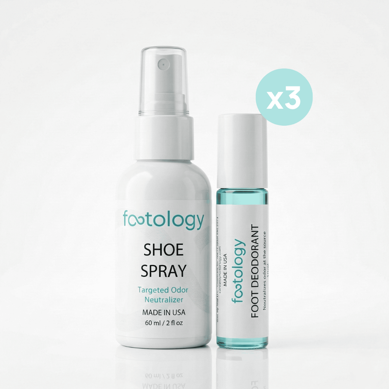 Footology shoe spray and foot deodorant on a white background