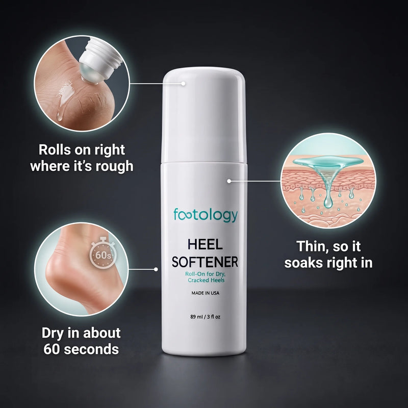 Heel Softener roll-on: rolls on right where it's rough, thin so it soaks right in, dry in about 60 seconds