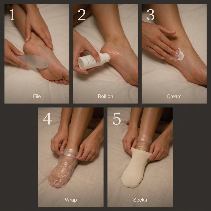 Heel Reset Kit night routine in 5 steps: file, roll on, cream, wrap, socks