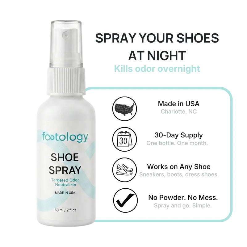 Spray your shoes at night to kill odor overnight. Made in USA, 30-day supply, works on any shoe, no powder no mess