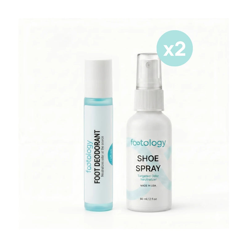 Footology Foot Reset Kit 2-pack. Two months supply of roll-on foot deodorant and shoe spray