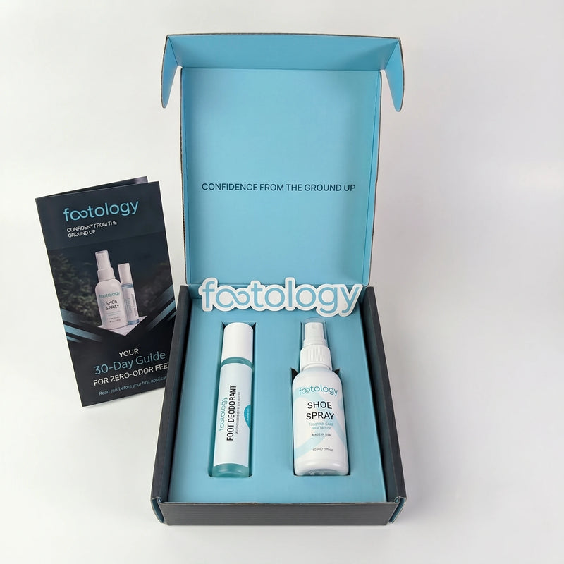 Footology Foot Reset Kit unboxing. Branded packaging with roll-on, shoe spray, and 30-day guide inside a teal lined box