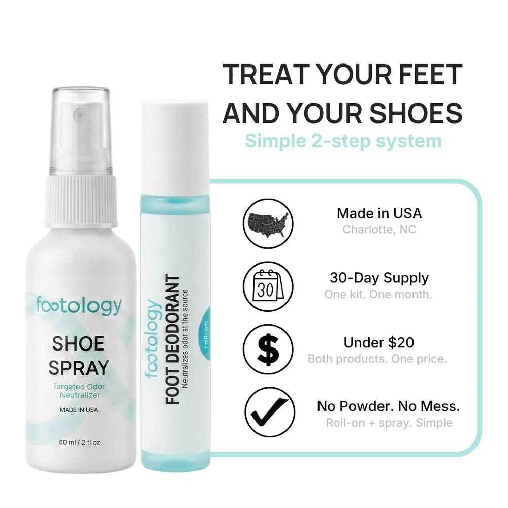 Treat your feet and your shoes. Simple 2-step system. Made in USA Charlotte NC, 30-day supply, under 20 dollars, no powder no mess