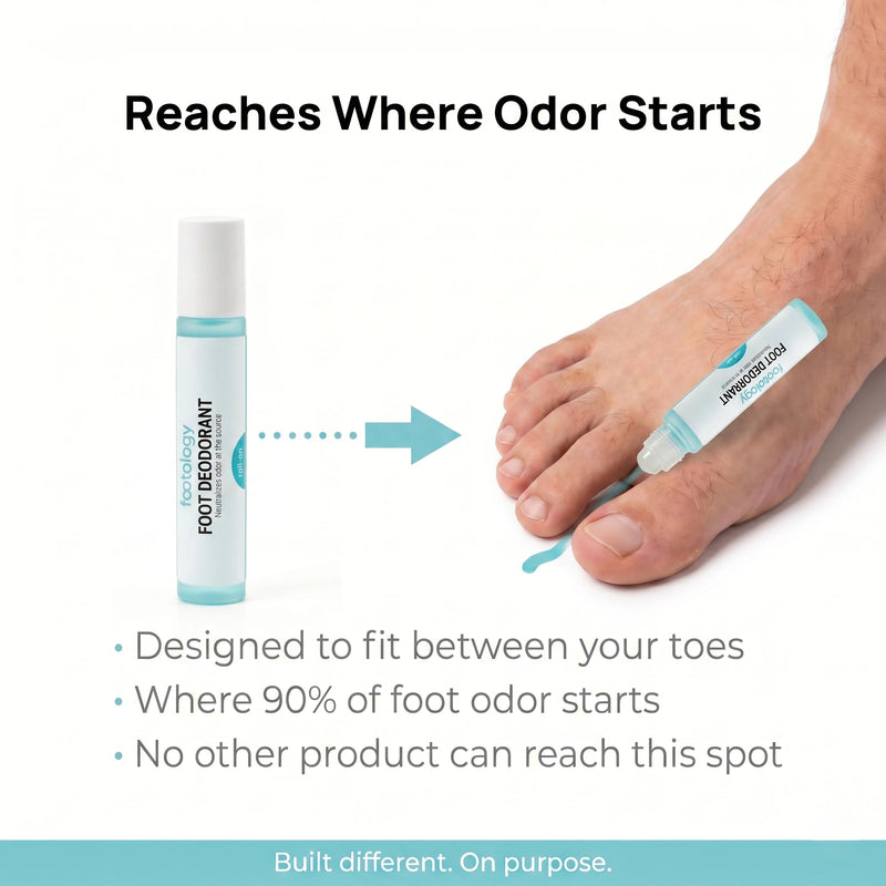 Footology Roll-On reaches between the toes where 90% of foot odor starts. Slim bottle designed to fit between toes