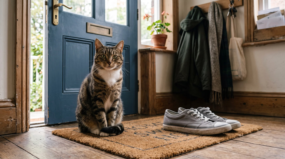 A cat sitting next to sneakers by the front door