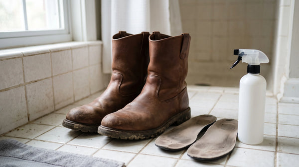 Plain brown leather work boots on a bathroom tile floor with both insoles pulled out and an unlabeled spray bottle beside them