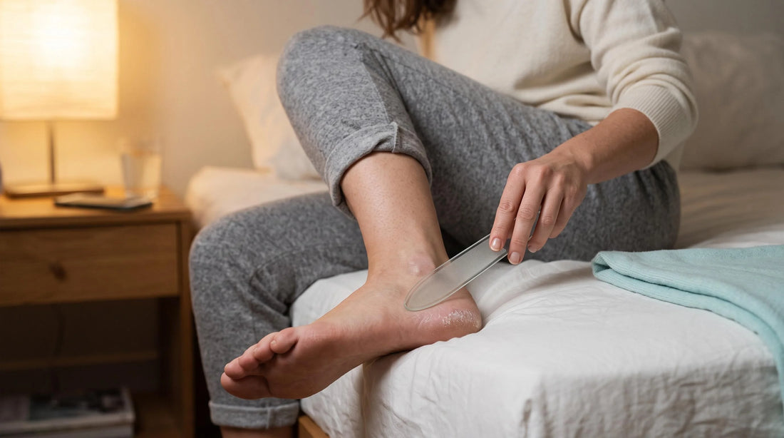 Woman sitting on the edge of her bed at night filing a dry, rough heel with a clear glass foot file