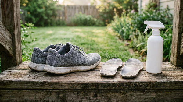 Worn grey knit running shoes on a wooden back porch step with the insoles pulled out and an unlabeled spray bottle beside them