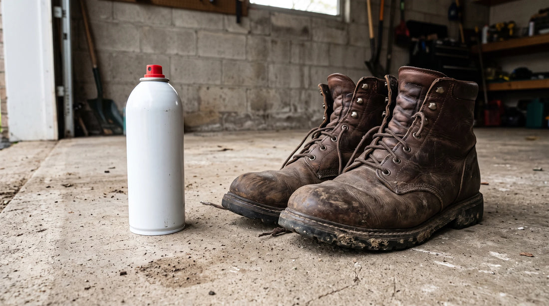 A plain unlabeled aerosol odor spray can on a garage floor next to worn brown leather work boots