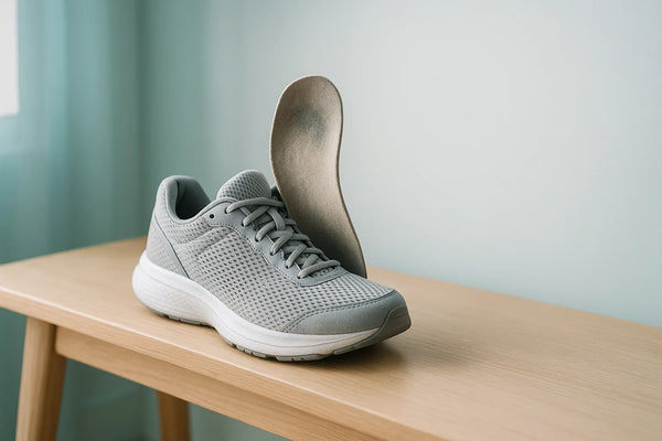 A grey running sneaker on a wooden bench with the insole lifted out, showing the inside of the shoe