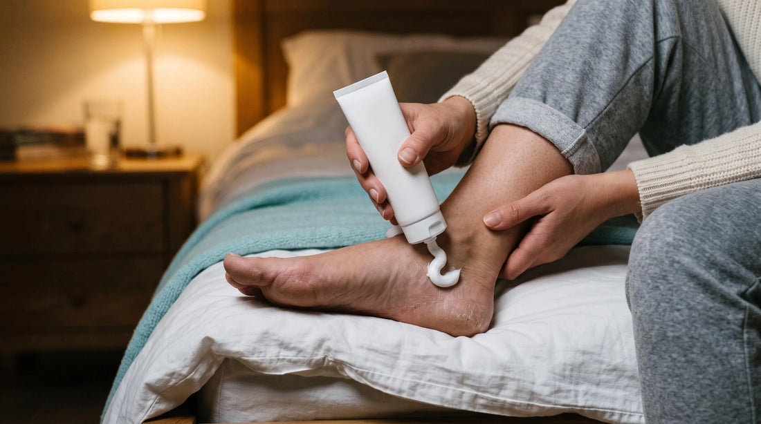Woman sitting on the edge of her bed at night squeezing thick white heel cream from a plain tube onto her dry heel