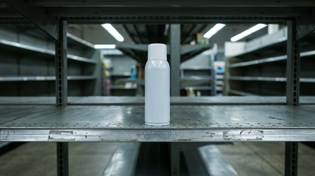 A single unlabeled aerosol can alone on an otherwise empty store shelf
