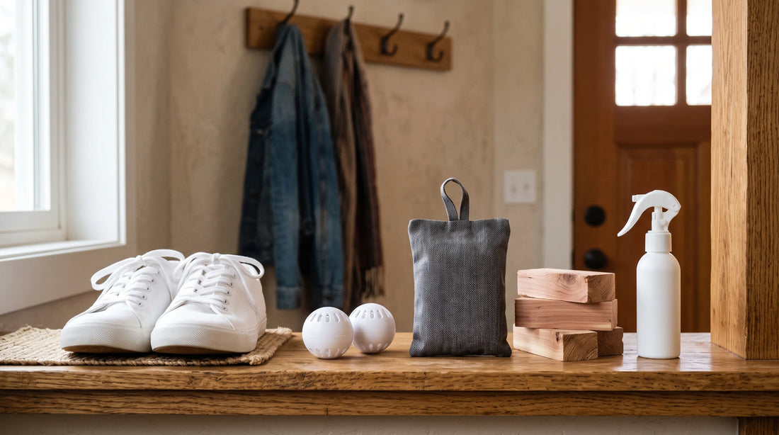 Shoe fresheners on an entryway shelf: sneaker balls, charcoal bag, cedar blocks, and spray