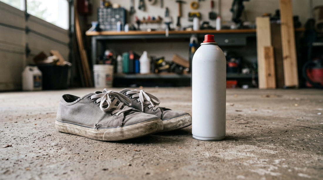 An unbranded disinfectant spray can next to worn sneakers on a garage floor