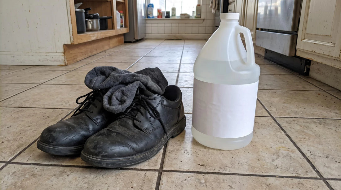 Worn black work shoes with used socks on a kitchen floor next to a gallon jug of white vinegar