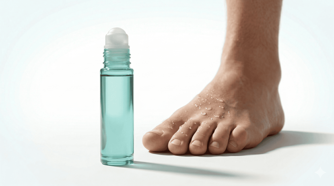 footology Roll-On foot deodorant being applied to a bare foot answering does foot deodorant actually work
