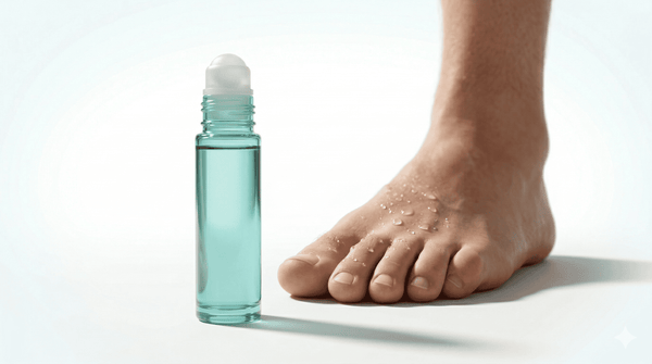 footology Roll-On foot deodorant being applied to a bare foot answering does foot deodorant actually work