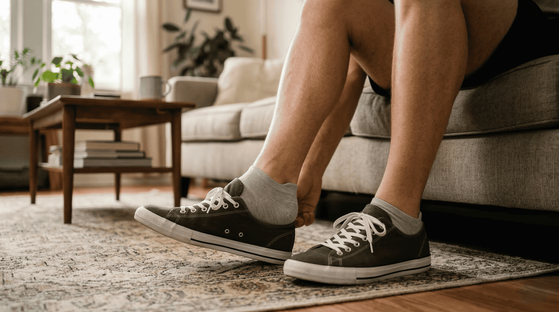 Man putting on shoes with morning light. Daily foot odor routine starts before the shoes go on.