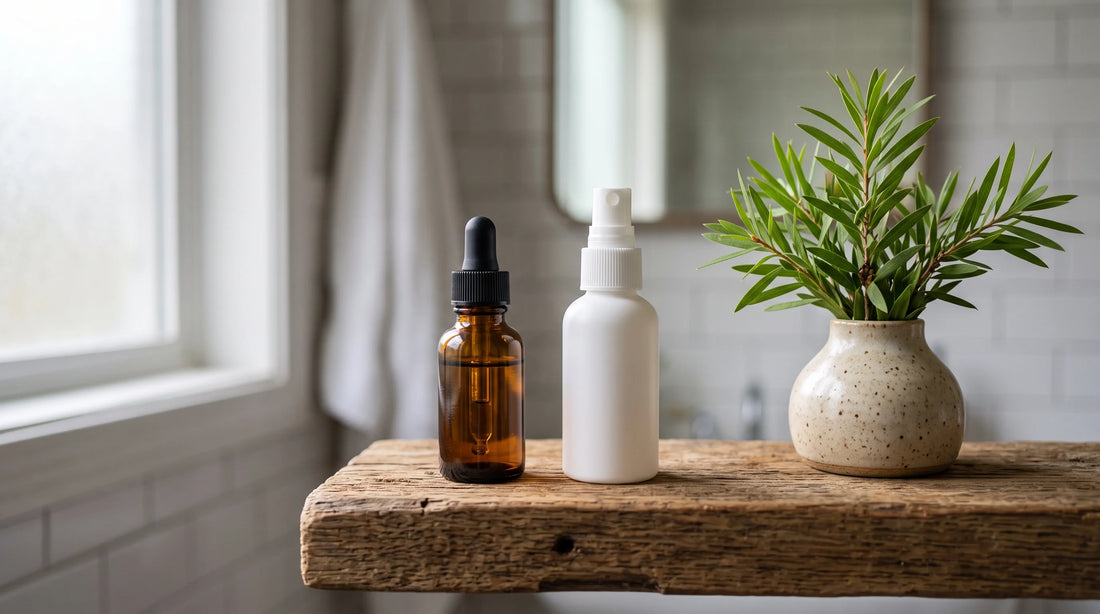 Tea tree oil dropper bottle and foot spray on a bathroom shelf