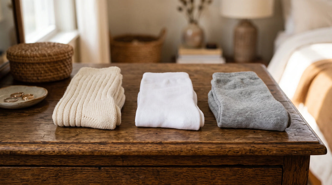 Merino wool, cotton, and bamboo blend socks folded side by side