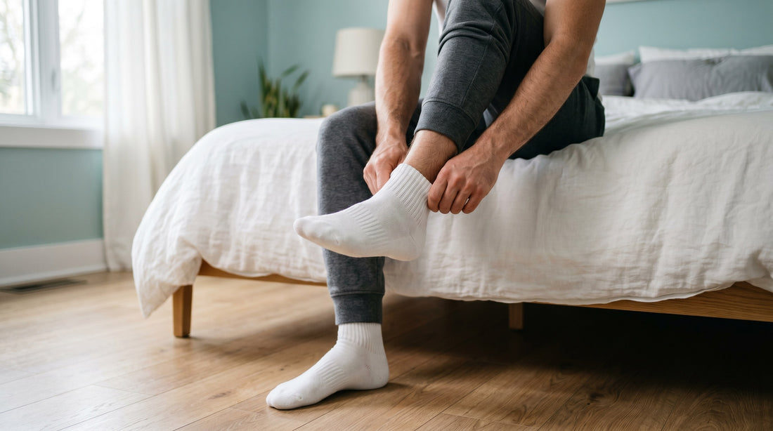 A man sitting on the edge of his bed pulling on a clean white sock in the morning, the moment a foot deodorant routine fits into