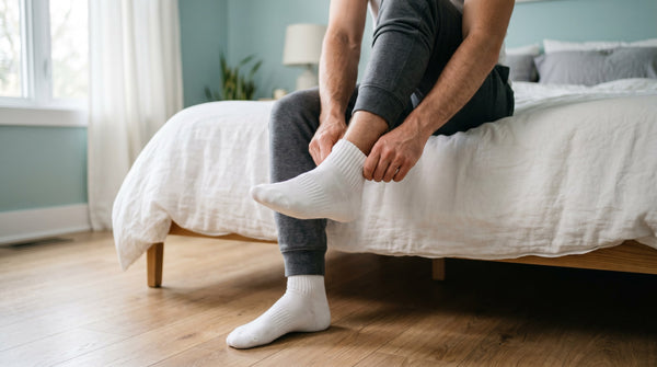 A man sitting on the edge of his bed pulling on a clean white sock in the morning, the moment a foot deodorant routine fits into