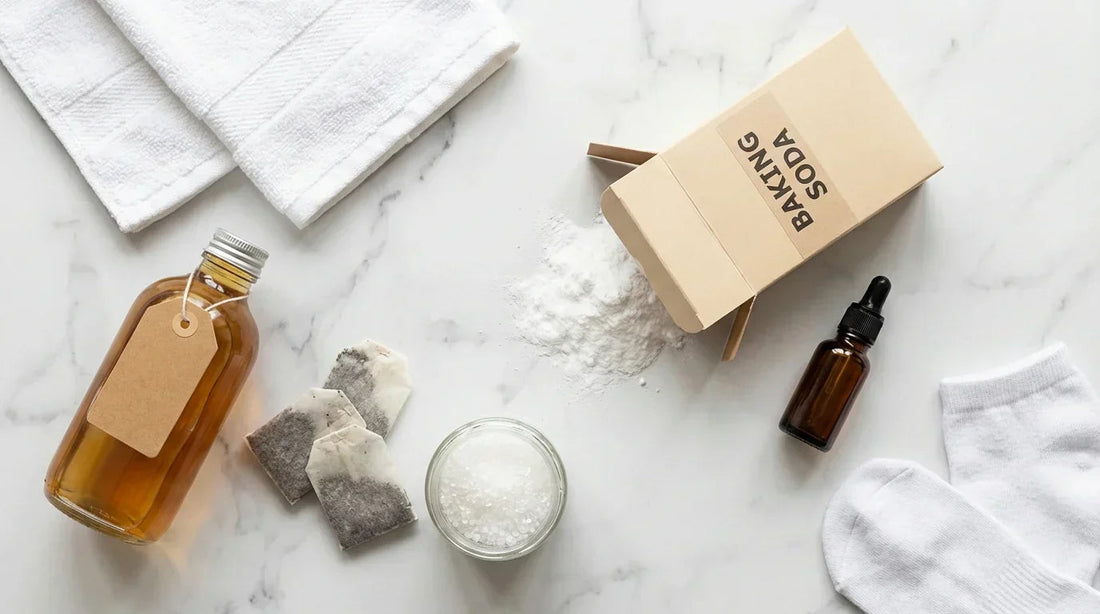 Flat lay of natural foot odor home remedies including baking soda, apple cider vinegar, Epsom salt, and tea bags