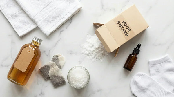 Flat lay of natural foot odor home remedies including baking soda, apple cider vinegar, Epsom salt, and tea bags