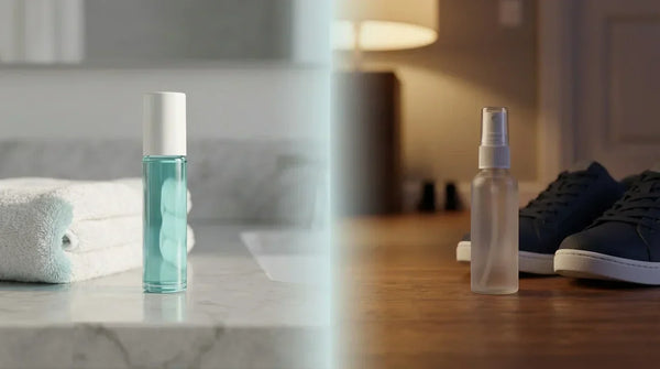 footology Roll-On foot deodorant and Shoe Spray paired as the two step fix to stop smelly feet