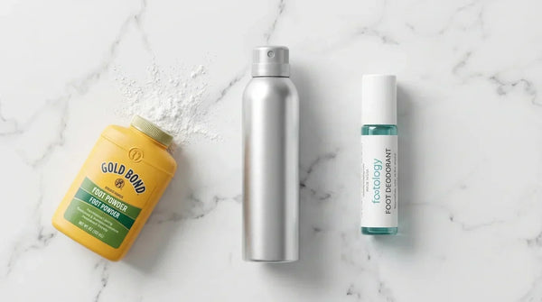 Foot powder, foot spray, and roll-on foot deodorant lined up side by side for direct comparison