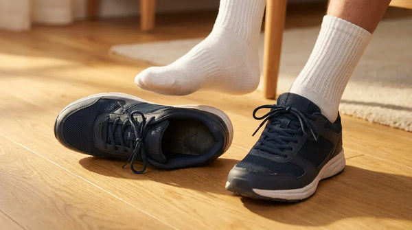 Bare feet stepping into closed shoes illustrating what causes smelly feet