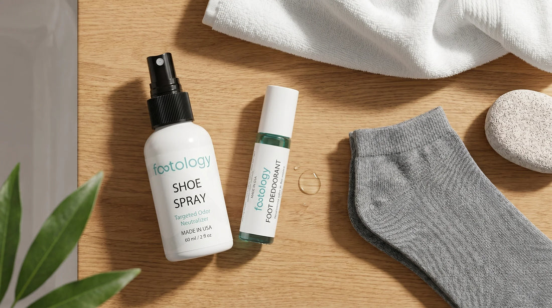 MyFootology shoe spray and foot deodorant roll on bottle flat lay on a table