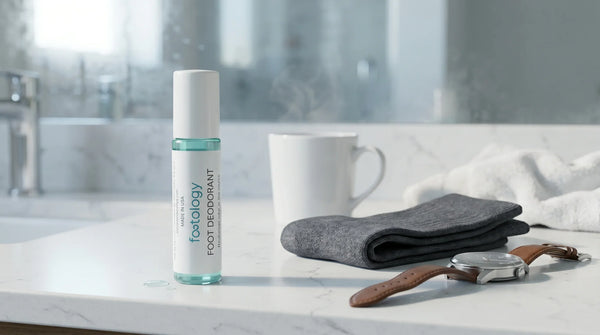Morning routine for sweaty feet with footology Roll-On foot deodorant as part of the daily fix