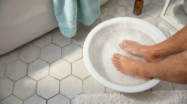 Two feet soaking in a ceramic basin of warm water with Epsom salt crystals, photographed from above on a tiled bathroom floor.