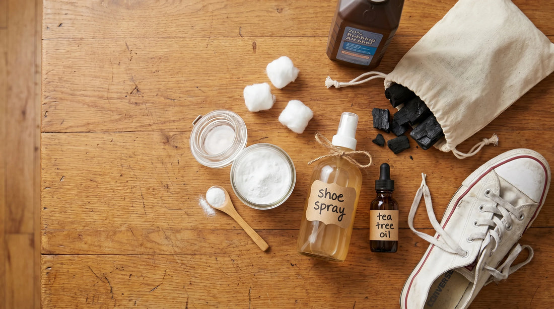 Flat lay of DIY shoe deodorizer ingredients on a wood surface: baking soda, alcohol, vinegar spray bottle, tea tree oil, charcoal pouch, and a white sneaker.