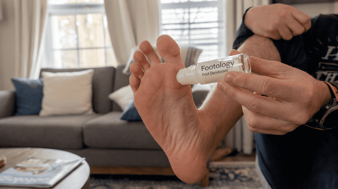 footology roll-on foot deodorant on a clean bathroom counter answering can you put deodorant on your feet