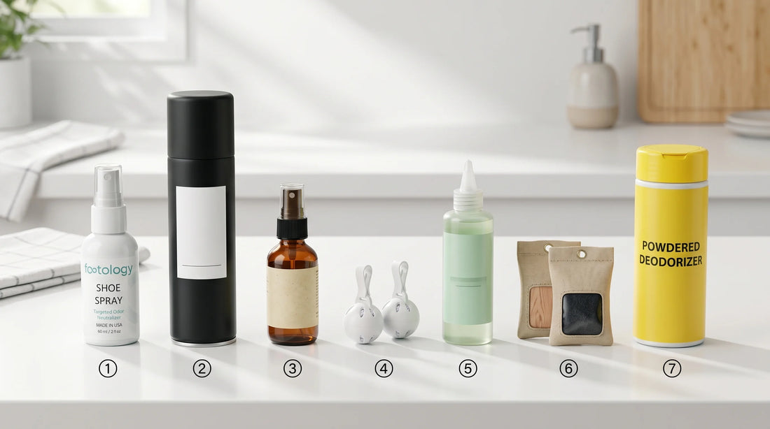 Seven shoe deodorizer products lined up in a row on a clean kitchen counter, numbered 1 through 7. The MyFootology Shoe Spray bottle is item 1 on the left.