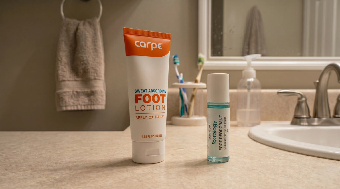 Carpe Foot Lotion bottle next to the MyFootology roll-on on a bathroom counter, side by side comparison of two foot care products.