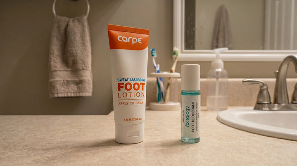 Carpe Foot Lotion bottle next to the MyFootology roll-on on a bathroom counter, side by side comparison of two foot care products.