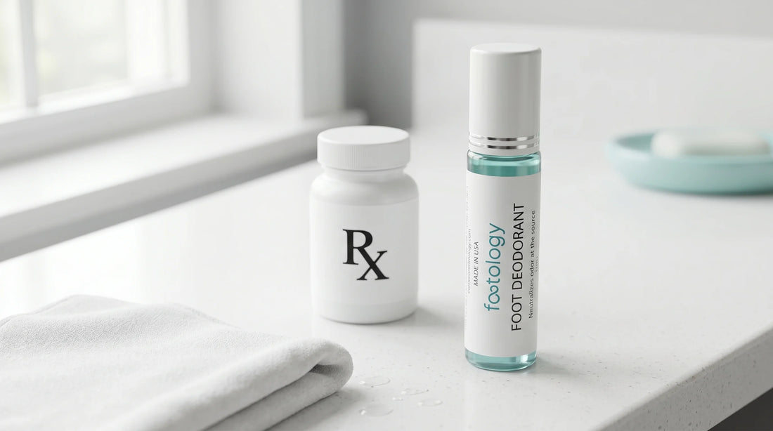 MyFootology roll-on foot deodorant next to a generic Rx prescription bottle on a bright bathroom counter — comparison of daily foot deodorant vs prescription antiperspirant.