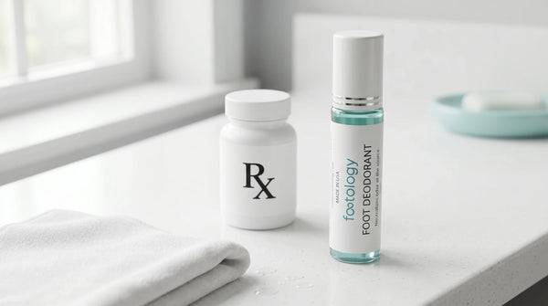 MyFootology roll-on foot deodorant next to a generic Rx prescription bottle on a bright bathroom counter — comparison of daily foot deodorant vs prescription antiperspirant.