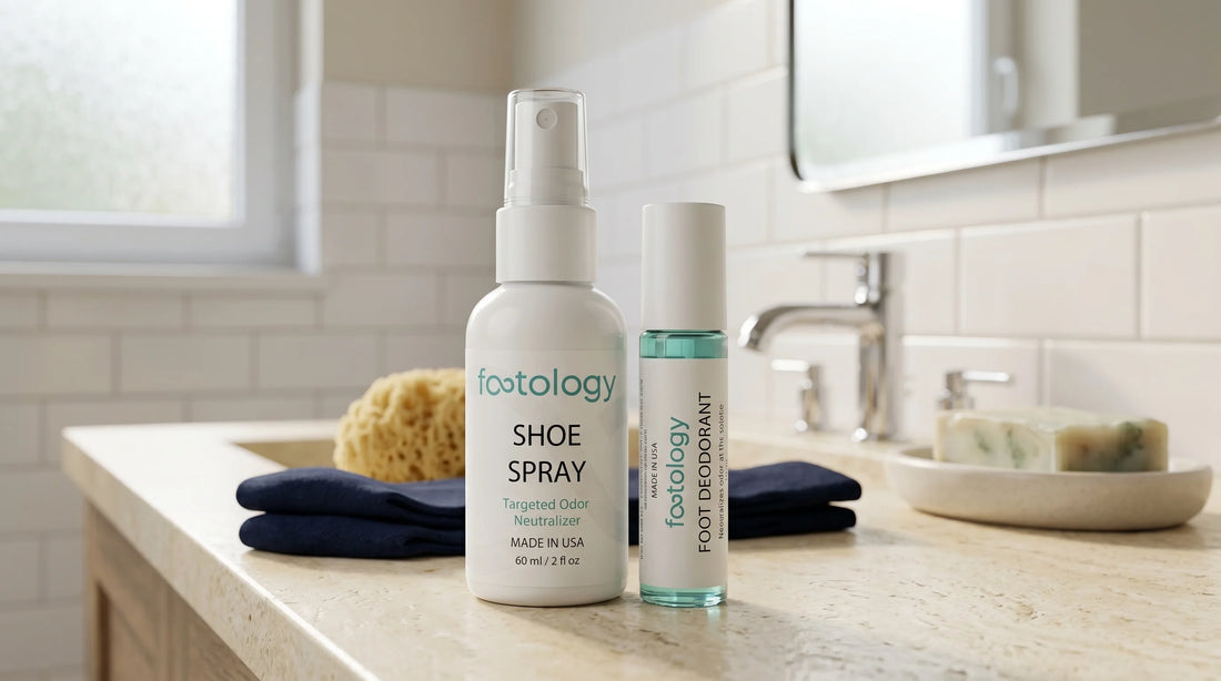 MyFootology Foot Reset Kit on a real lived-in bathroom counter — Roll-On and Shoe Spray side by side with folded socks in foreground, morning routine context.