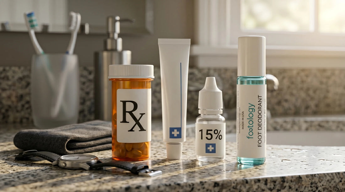 Comparison lineup of three generic Rx-style pharmacy antiperspirant containers next to the MyFootology Roll-On foot deodorant on a real lived-in bathroom counter.