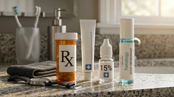 Comparison lineup of three generic Rx-style pharmacy antiperspirant containers next to the MyFootology Roll-On foot deodorant on a real lived-in bathroom counter.