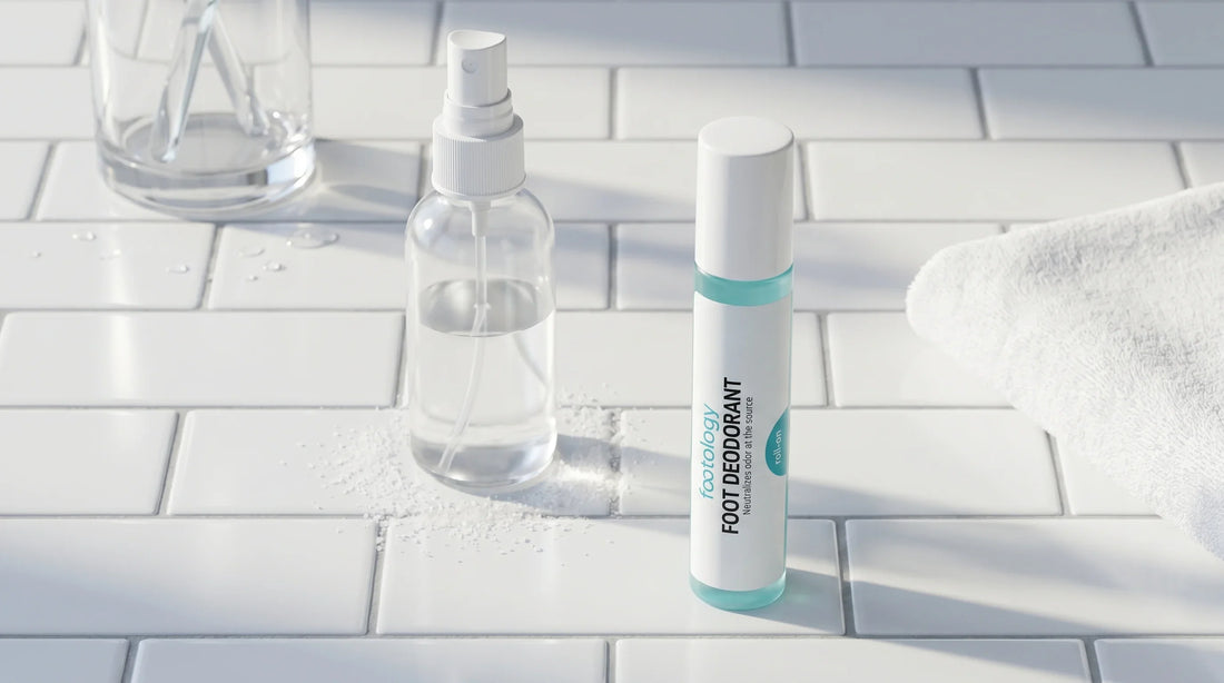 Generic salt-based foot spray bottle next to the MyFootology Foot Deodorant Roll-On on a bathroom counter, comparing ONOX-style salt spray to a daily-use foot deodorant alternative.