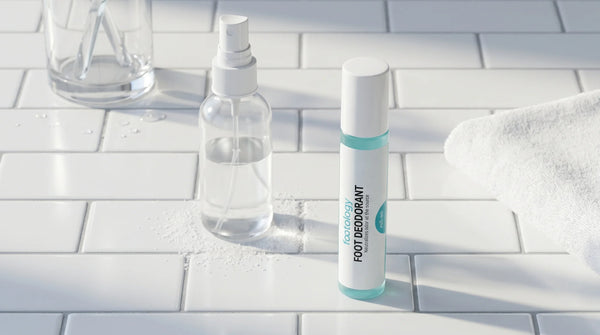 Generic salt-based foot spray bottle next to the MyFootology Foot Deodorant Roll-On on a bathroom counter, comparing ONOX-style salt spray to a daily-use foot deodorant alternative.