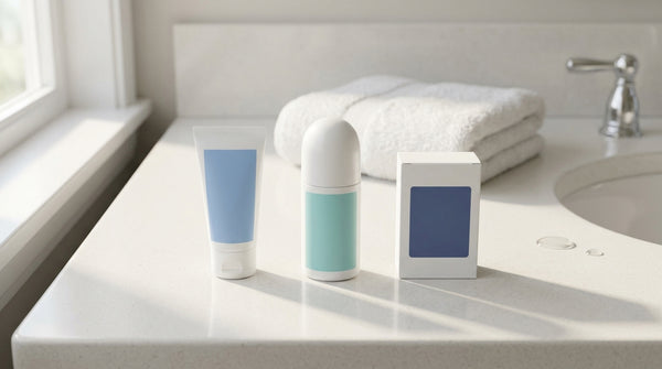 Three different generic antiperspirant bottles lined up on a bathroom counter representing Carpe Certain Dri and Sweatblock format options with soft morning light.