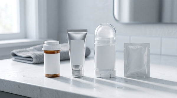 A lineup of four generic antiperspirant containers on a bathroom counter, a prescription-style pill bottle, an aluminum tube, a roll-on stick, and a foil wipe pack, representing the top antiperspirant formats sold for sweaty feet