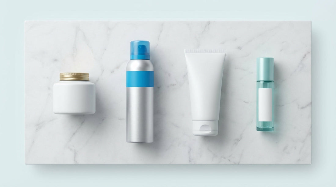Flat lay comparing foot deodorant formats including powder, spray, and roll-on as the best foot deodorant for men
